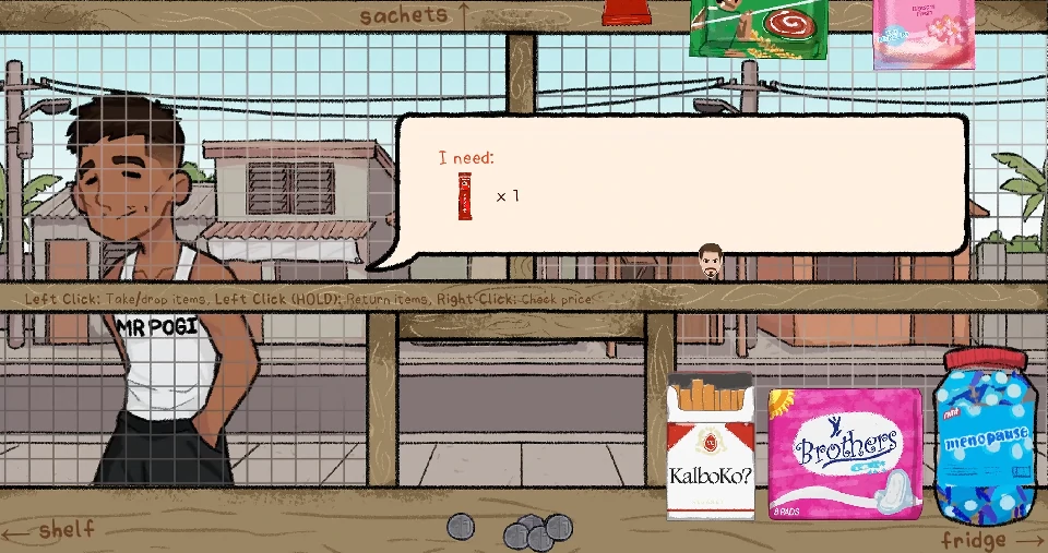 Character art of three of the store's regulars standing by the Soda sign