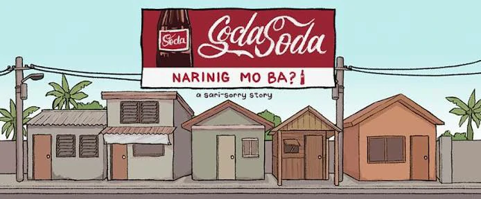 The daytime street outside the store, small houses lined up under the Soda billboard
